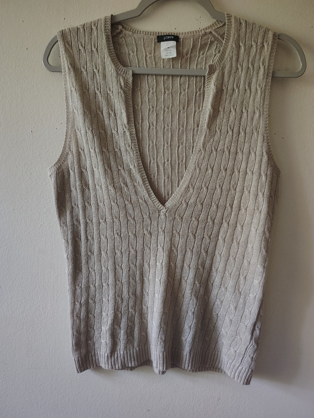 J. Crew Linen Cable Knit Vest Top Medium Preppy V Neck Sleeveless Casual Neutral